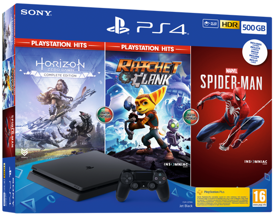 Sony PlayStation 4 Slim 500 Go + Horizon Zero Dawn + Ratchet & Clank + Spider-Man